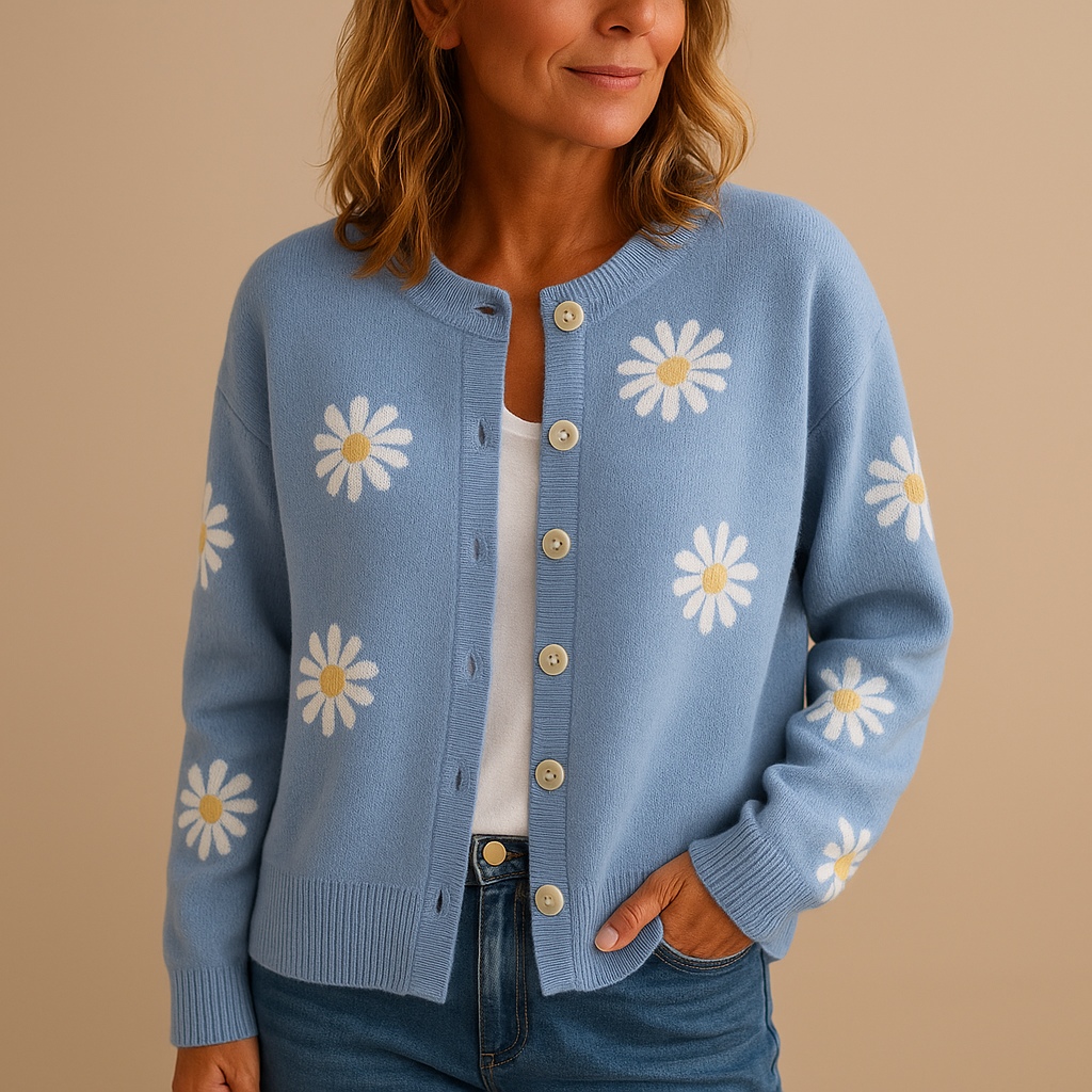 Elise - Knitted women’s cardigan with floral pattern and button closure