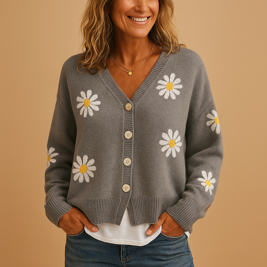 Elise - Knitted women’s cardigan with floral pattern and button closure
