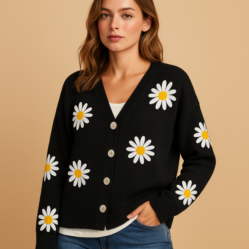 Elise - Knitted women’s cardigan with floral pattern and button closure