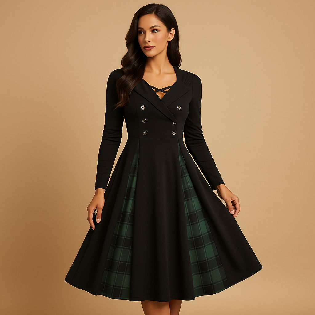 Claudine - Plaid A-Line Dress with Button Closure for Women
