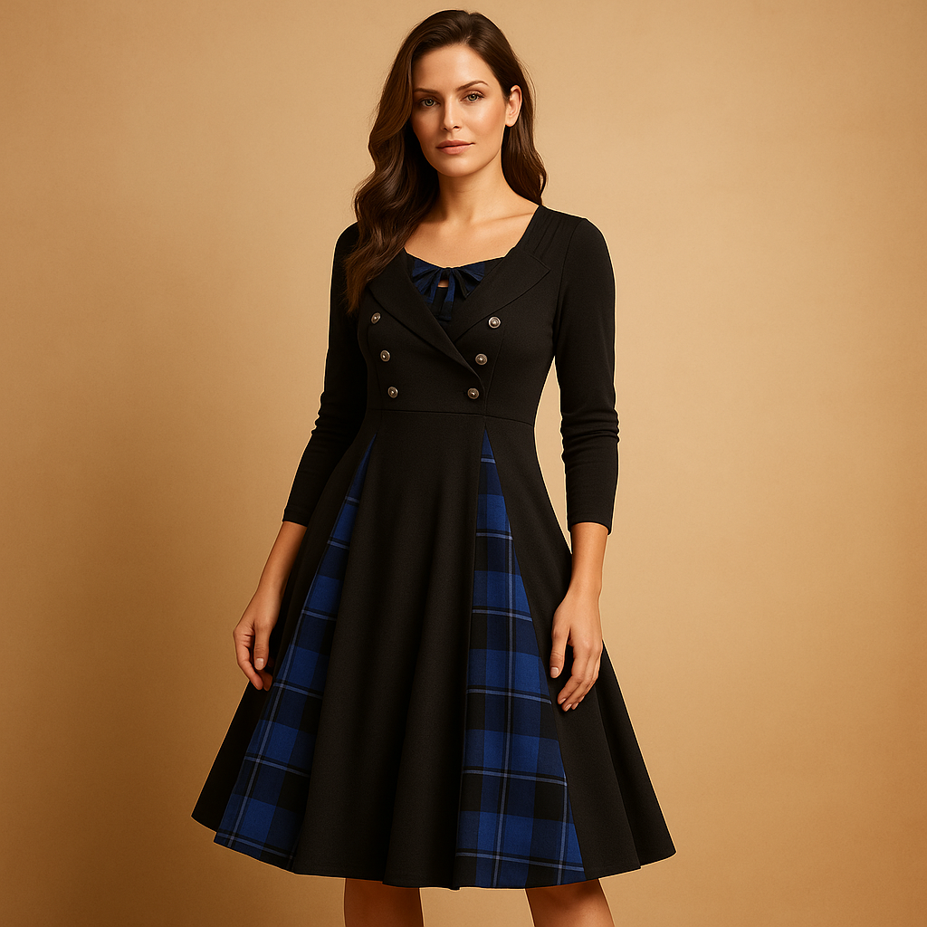 Claudine - Plaid A-Line Dress with Button Closure for Women