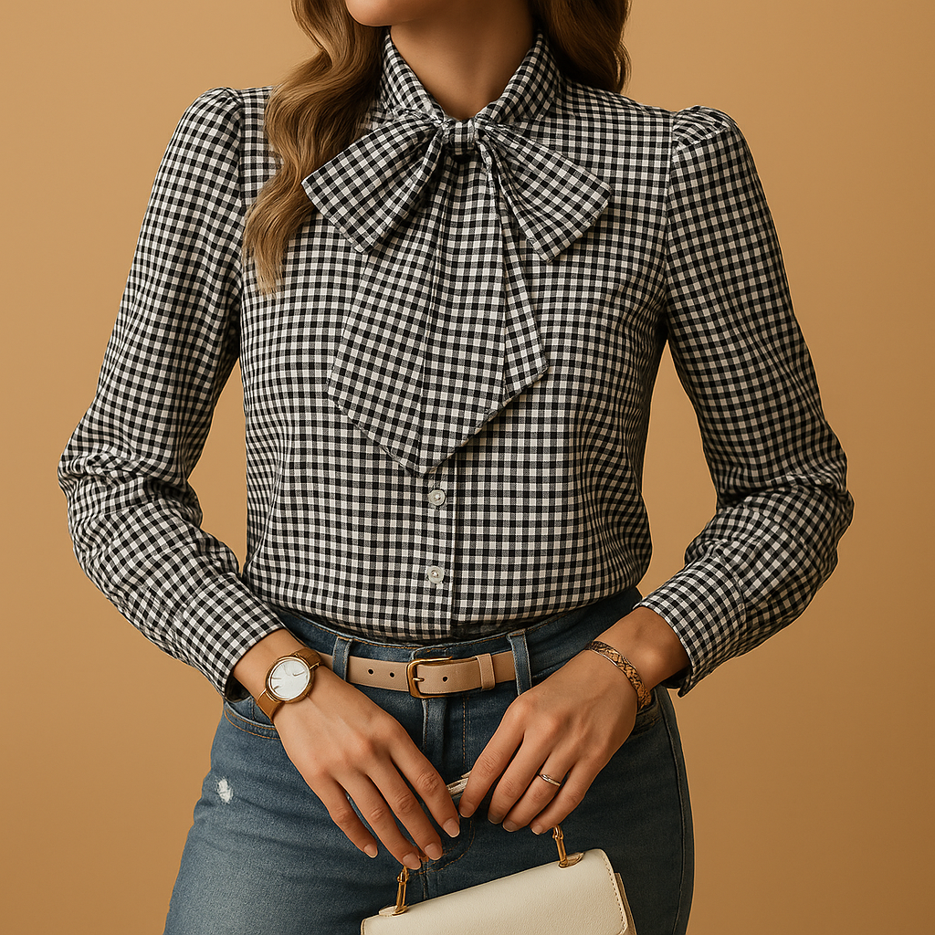 Clarisse - Plaid Blouse with Bow Detail for Women