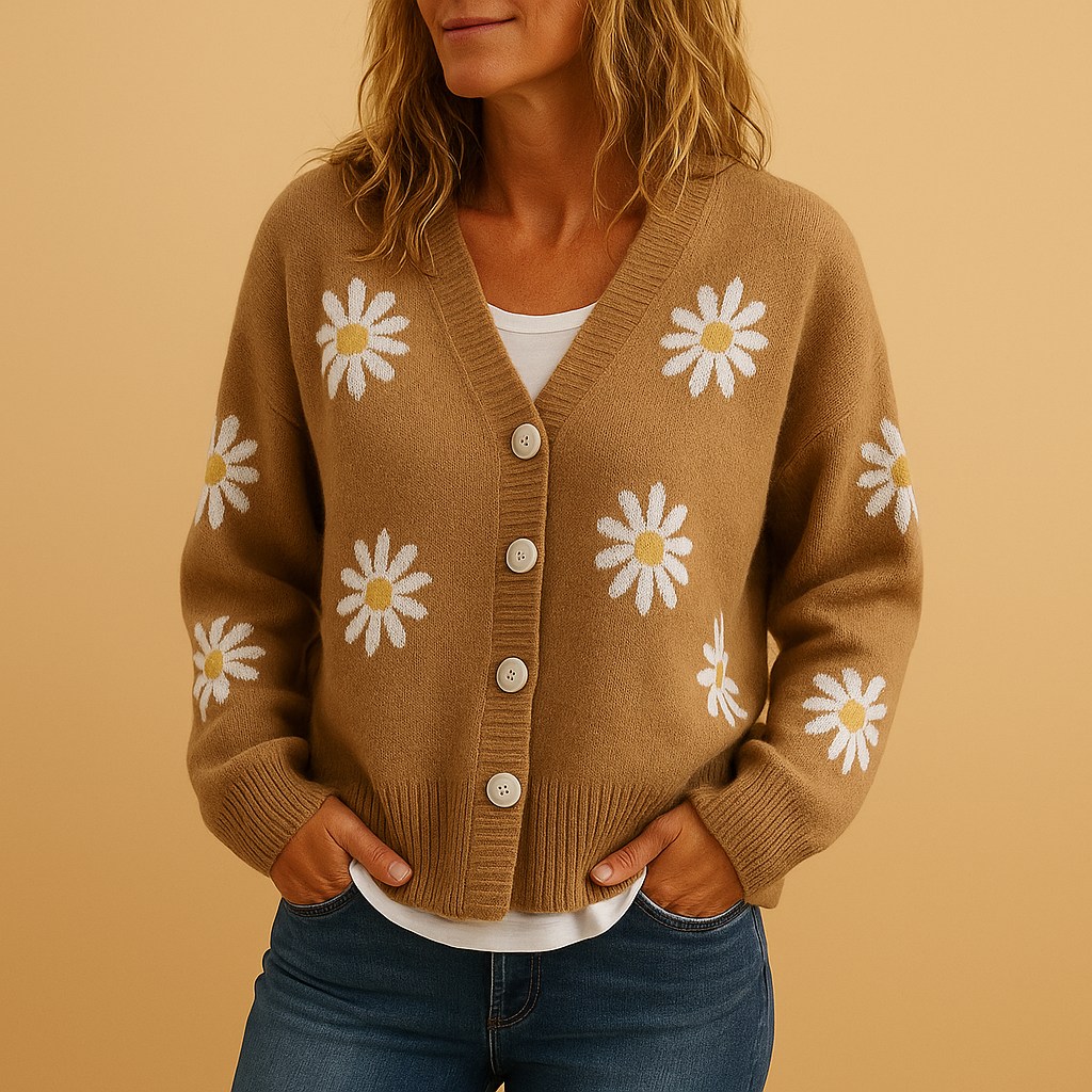 Elise - Knitted women’s cardigan with floral pattern and button closure