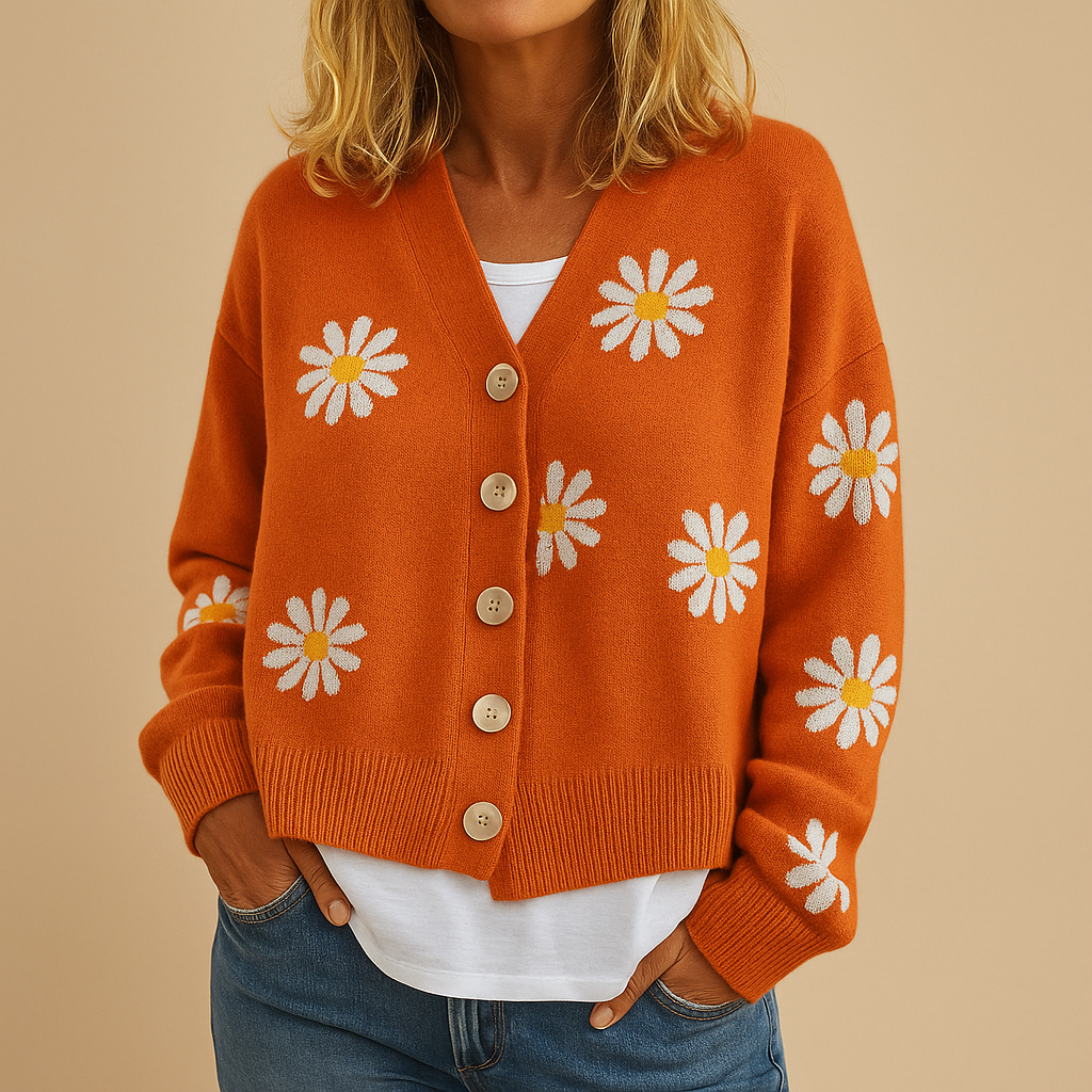 Elise - Knitted women’s cardigan with floral pattern and button closure