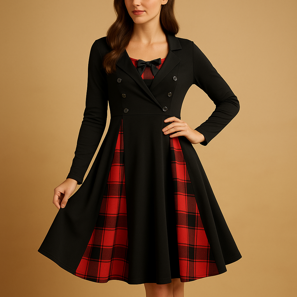 Claudine - Plaid A-Line Dress with Button Closure for Women