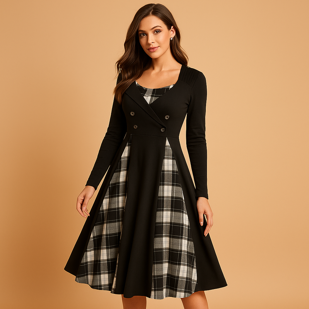 Claudine - Plaid A-Line Dress with Button Closure for Women